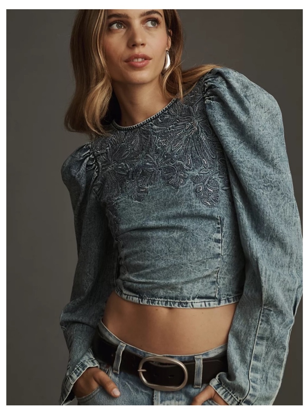 Denim Floral Embroidered Puff Sleeve Top
